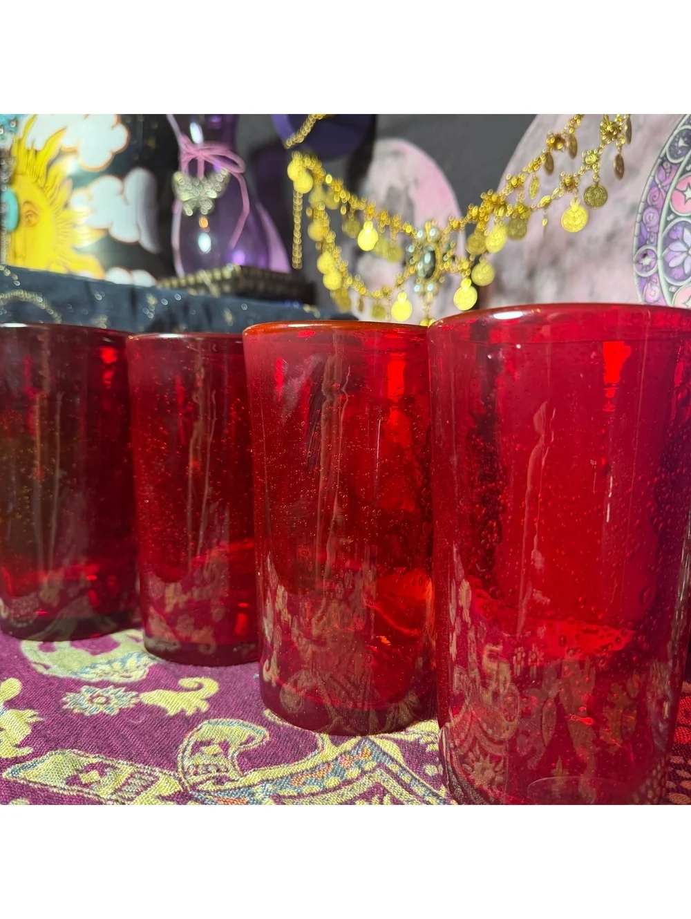Set Of 4 Ruby Red Hand Blown Glass Bubble Glass Drinking Cups